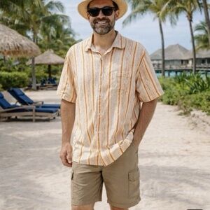 Vintage Silk Men's Button Down Short Sleeve Shirt, Orange & Cream, Sz L